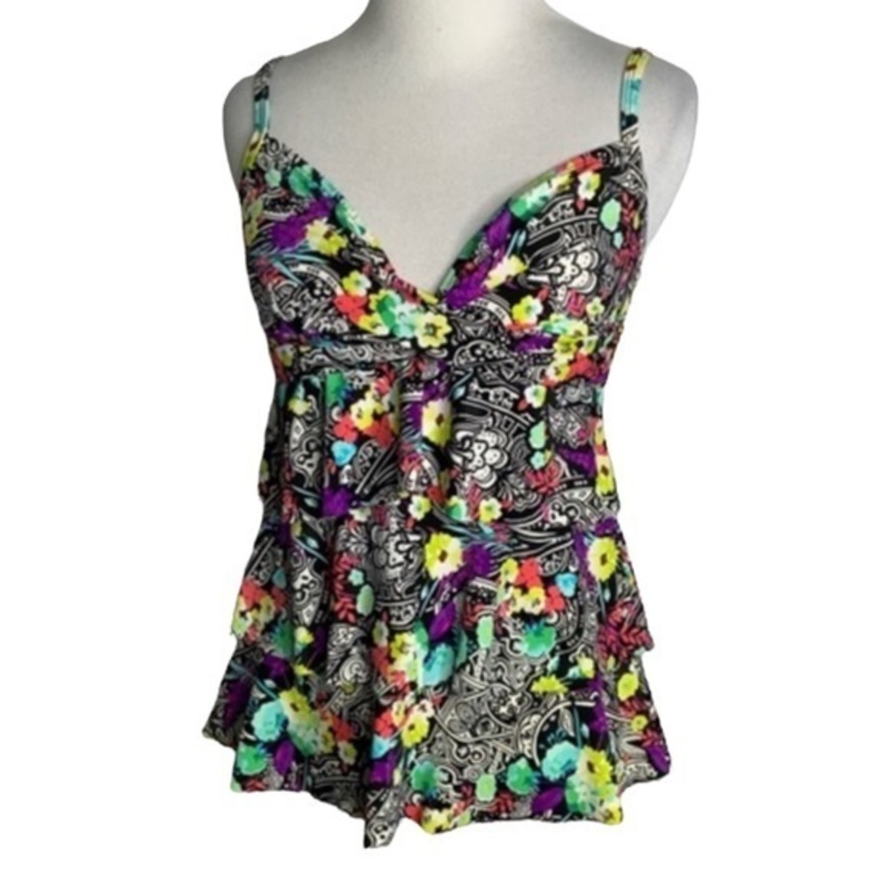24 & Ocean La Blanca Multicolor Floral Tiered Tankini Top S